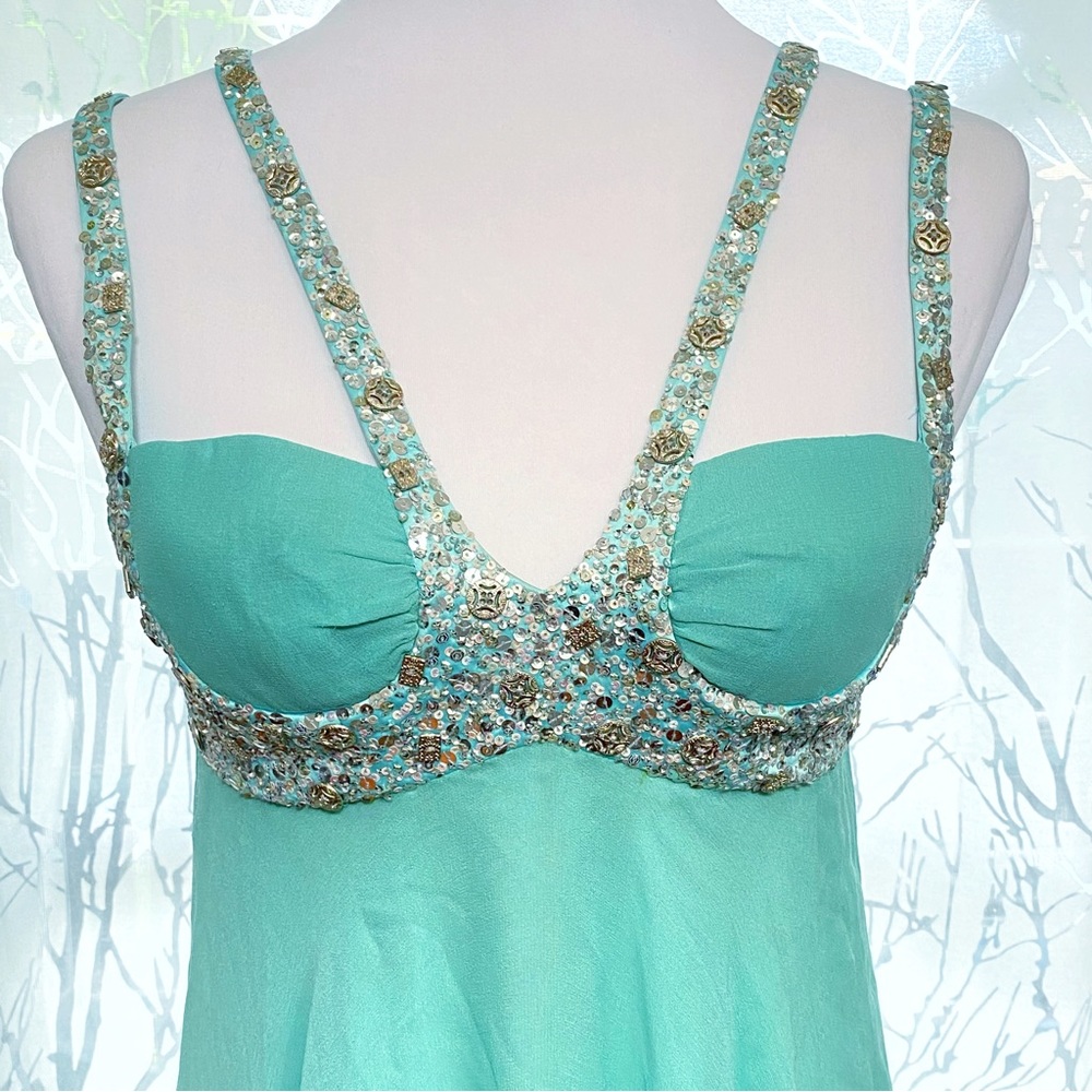 Vintage Mandalay green teal silver sequin beaded sleeveless v-neck silk dress - Picture 3 of 13